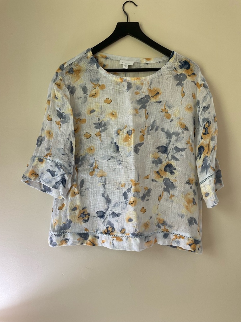 Lightweight Floral Linen Blouse White Yellow Gray 21” by 22” open knit weave